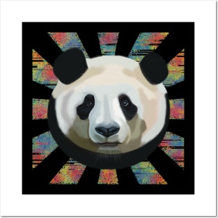 Striking Panda bear on glitched patterned rays Posters and Art